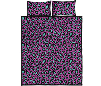 Purple And Teal Leopard Pattern Print Quilt Bed Set