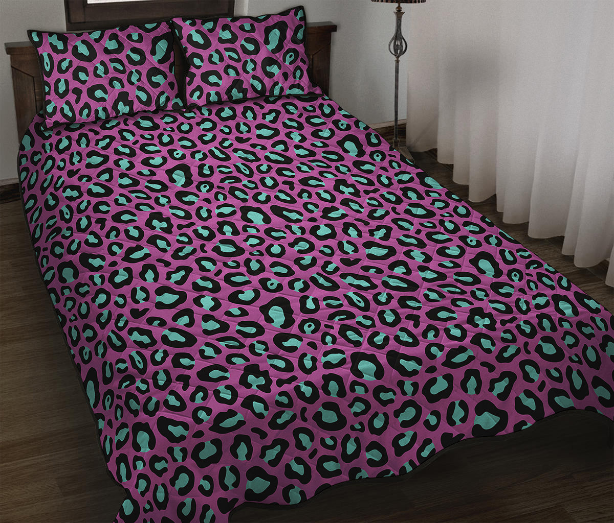 Purple And Teal Leopard Pattern Print Quilt Bed Set