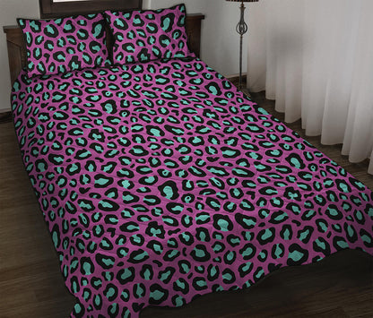 Purple And Teal Leopard Pattern Print Quilt Bed Set