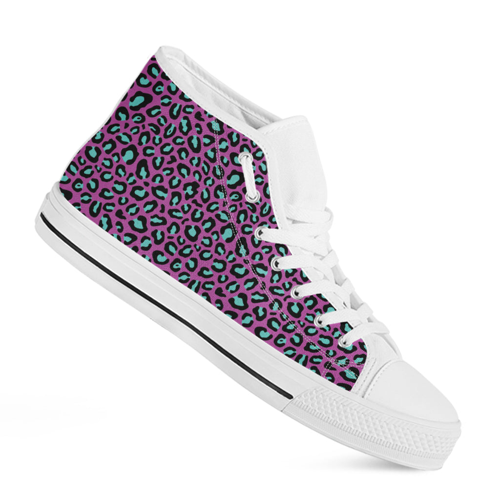 Purple And Teal Leopard Pattern Print White High Top Shoes