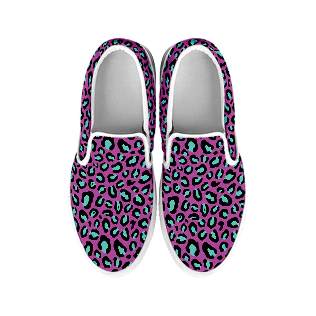 Purple And Teal Leopard Pattern Print White Slip On Shoes
