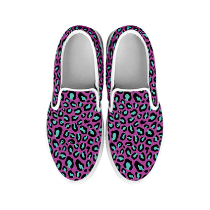 Purple And Teal Leopard Pattern Print White Slip On Shoes