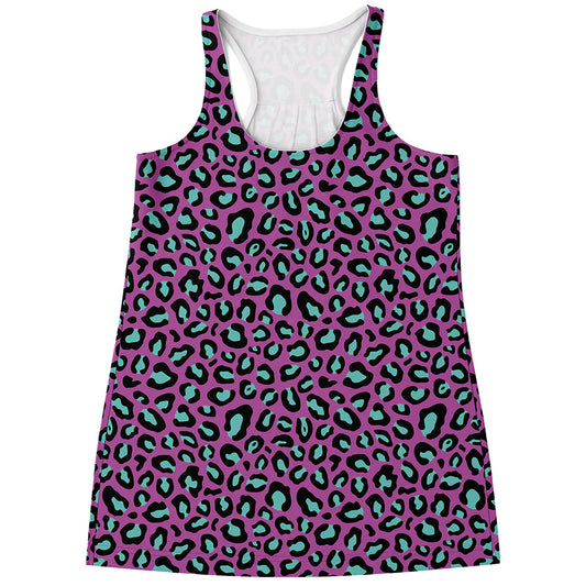 Purple And Teal Leopard Pattern Print Women's Racerback Tank Top