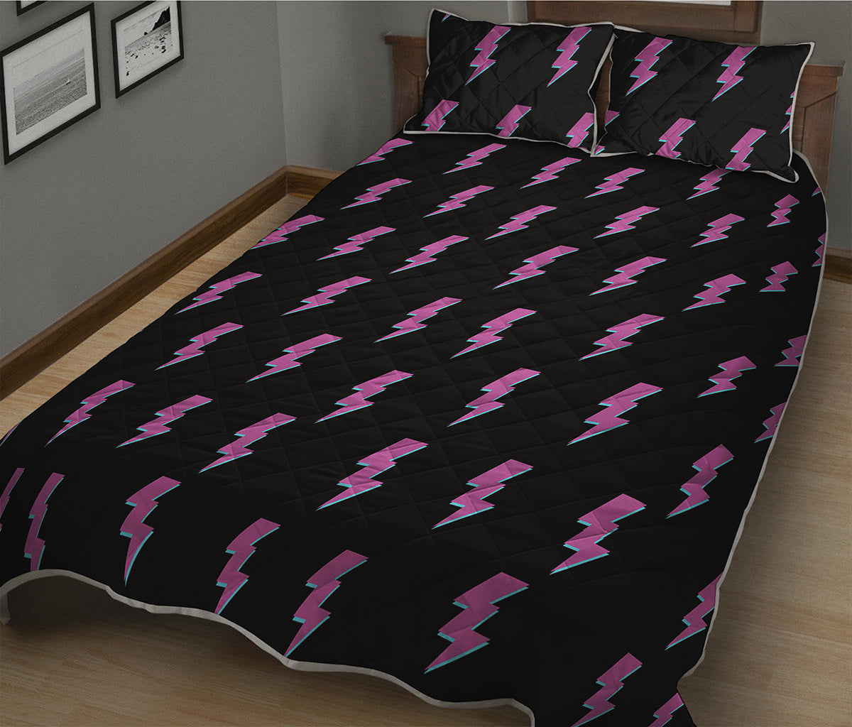 Purple And Teal Lightning Pattern Print Quilt Bed Set