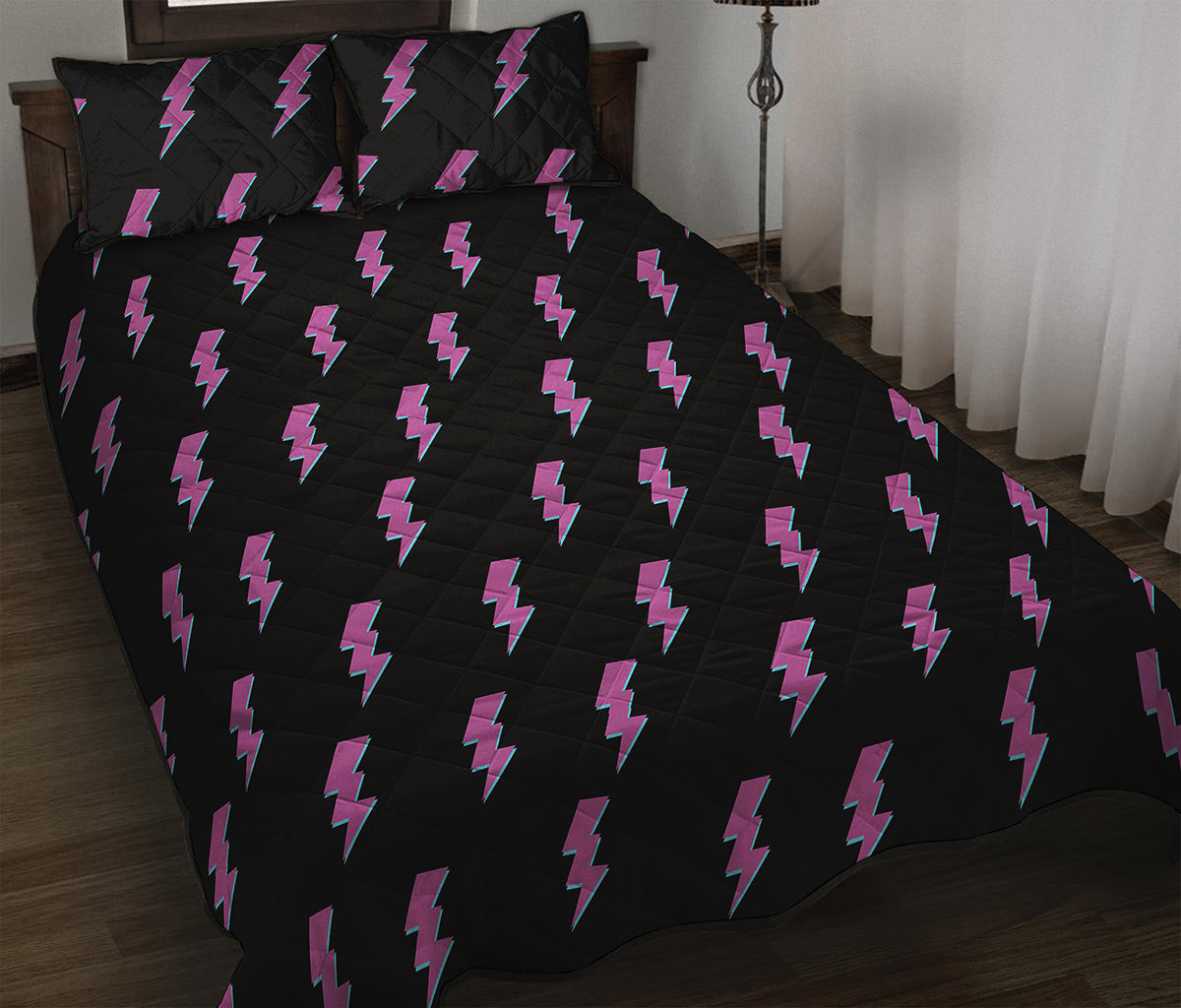 Purple And Teal Lightning Pattern Print Quilt Bed Set