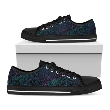 Purple And Teal Mandala Print Black Low Top Shoes