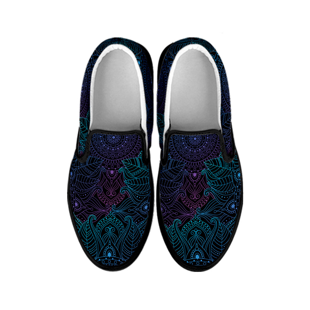 Purple And Teal Mandala Print Black Slip On Shoes
