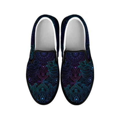 Purple And Teal Mandala Print Black Slip On Shoes