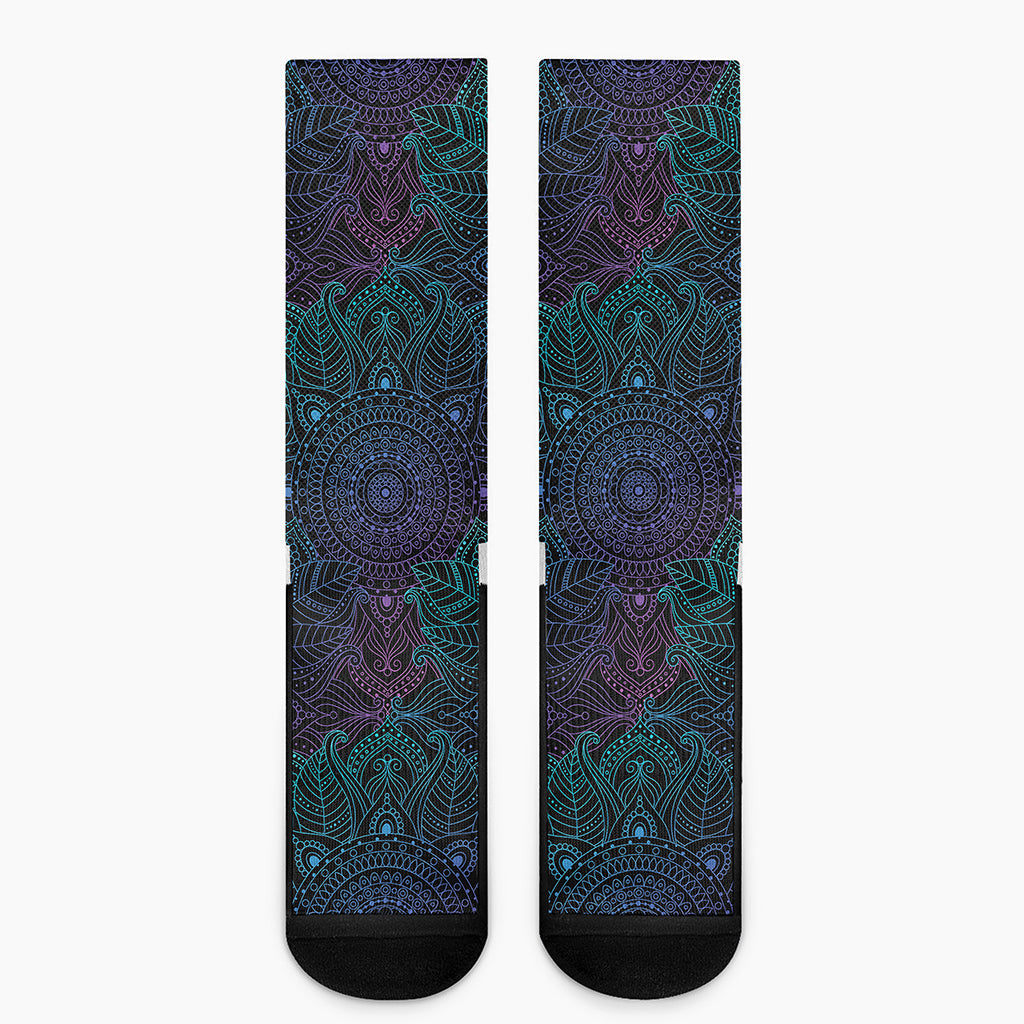 Purple And Teal Mandala Print Crew Socks