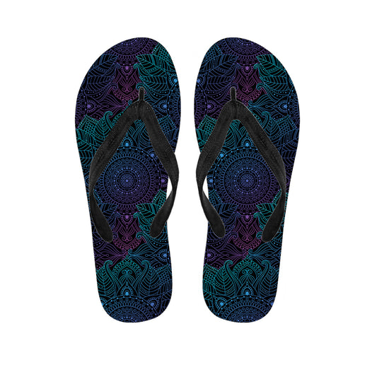 Purple And Teal Mandala Print Flip Flops