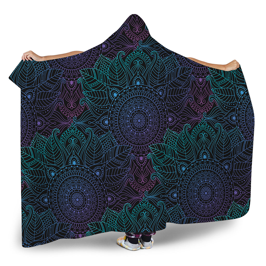 Purple And Teal Mandala Print Hooded Blanket