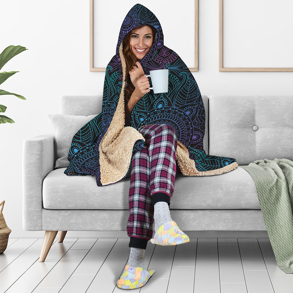Purple And Teal Mandala Print Hooded Blanket