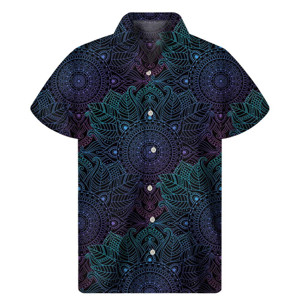 Purple And Teal Mandala Print Men's Short Sleeve Shirt