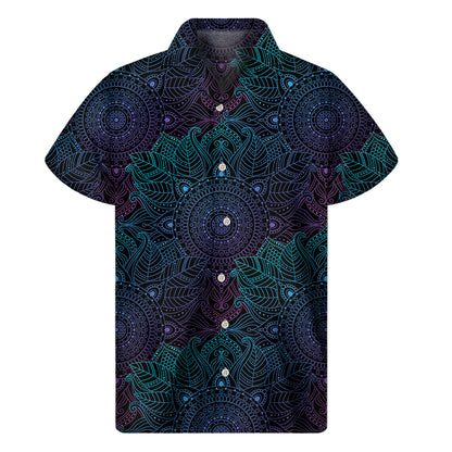 Purple And Teal Mandala Print Men's Short Sleeve Shirt