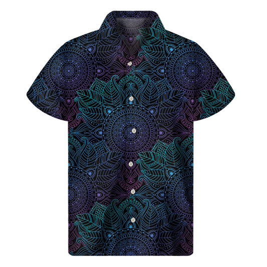 Purple And Teal Mandala Print Men's Short Sleeve Shirt