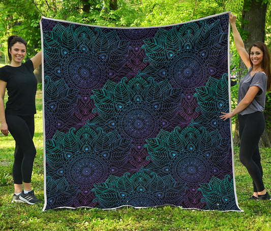 Purple And Teal Mandala Print Quilt
