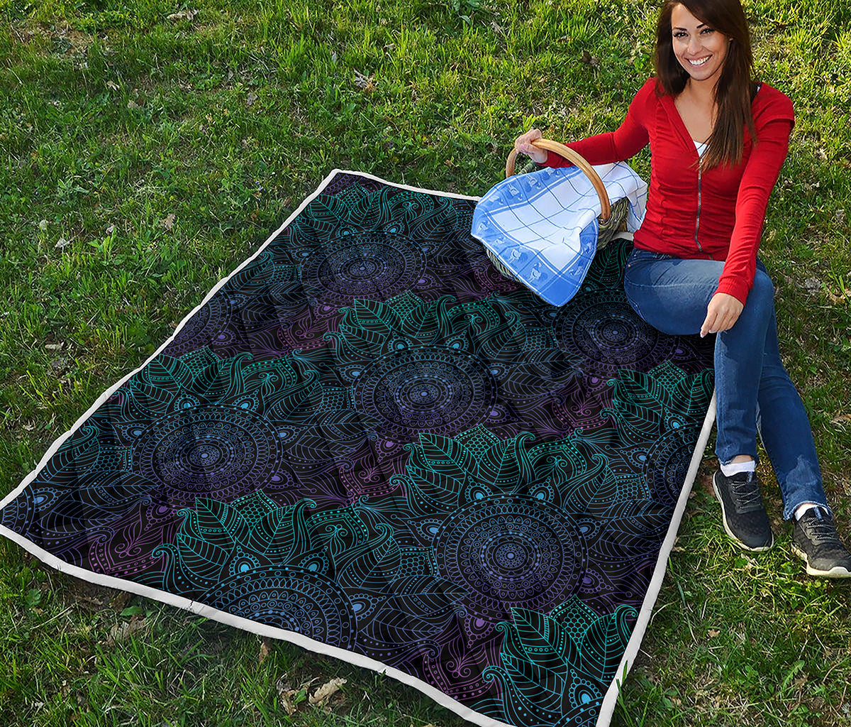 Purple And Teal Mandala Print Quilt