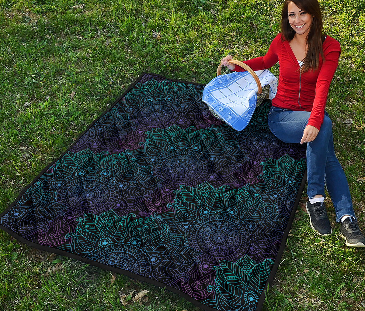 Purple And Teal Mandala Print Quilt