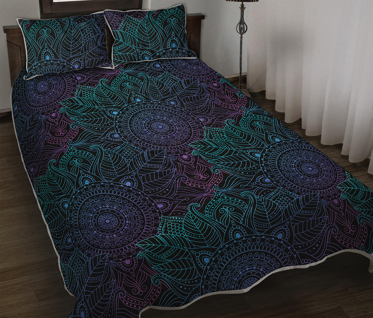 Purple And Teal Mandala Print Quilt Bed Set