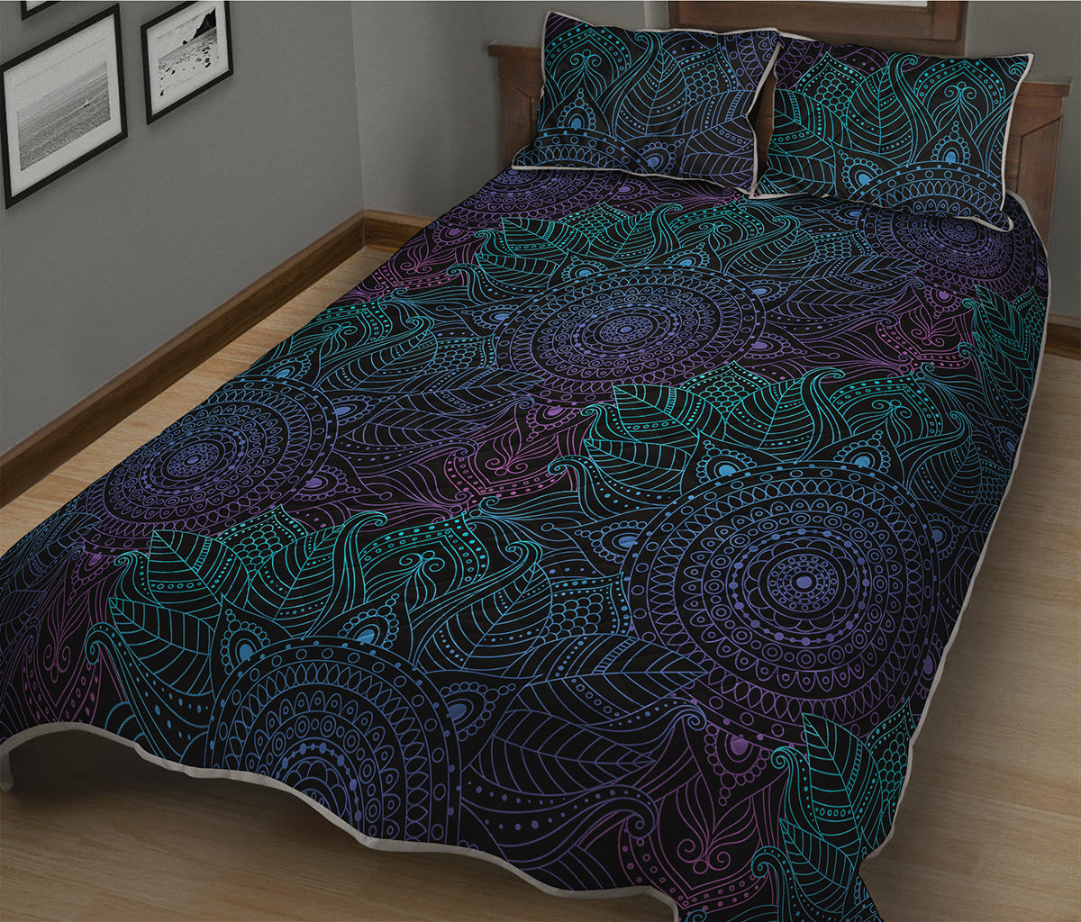 Purple And Teal Mandala Print Quilt Bed Set