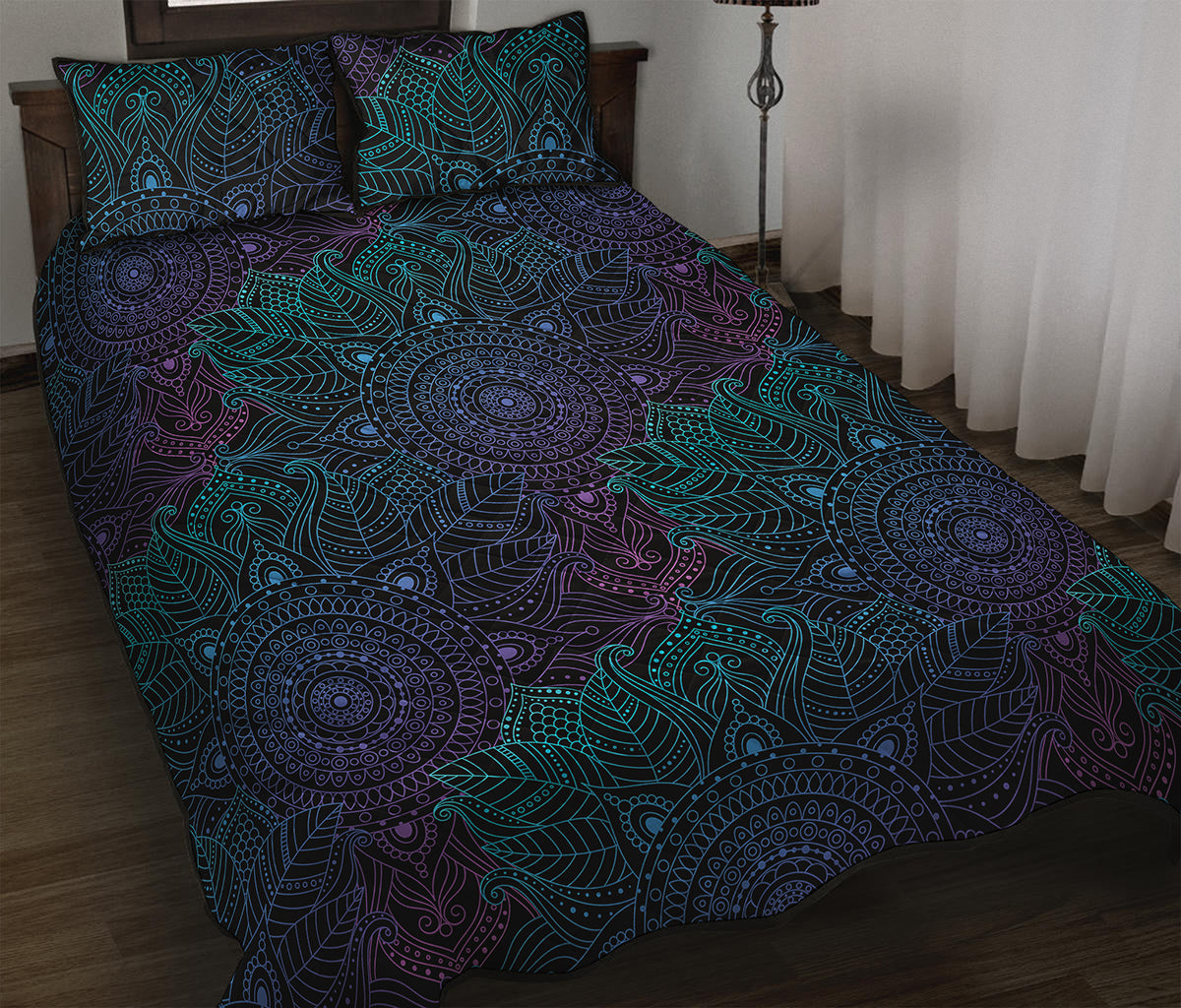 Purple And Teal Mandala Print Quilt Bed Set