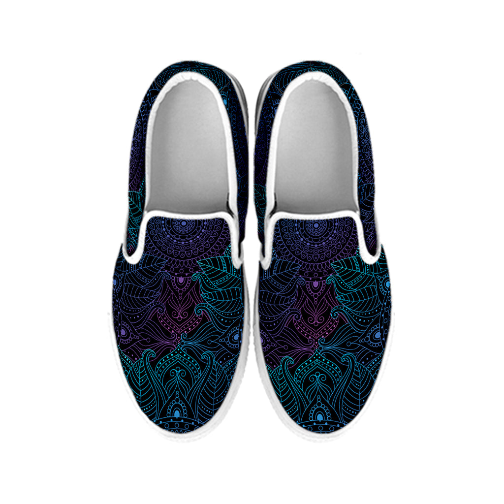 Purple And Teal Mandala Print White Slip On Shoes
