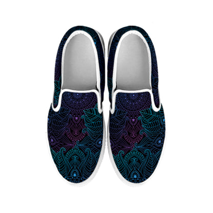 Purple And Teal Mandala Print White Slip On Shoes