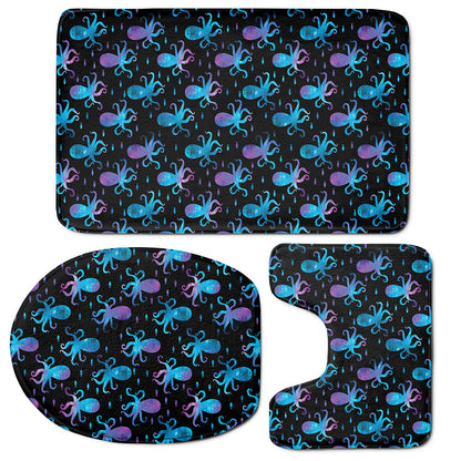 Purple And Teal Octopus Pattern Print 3 Piece Bath Mat Set