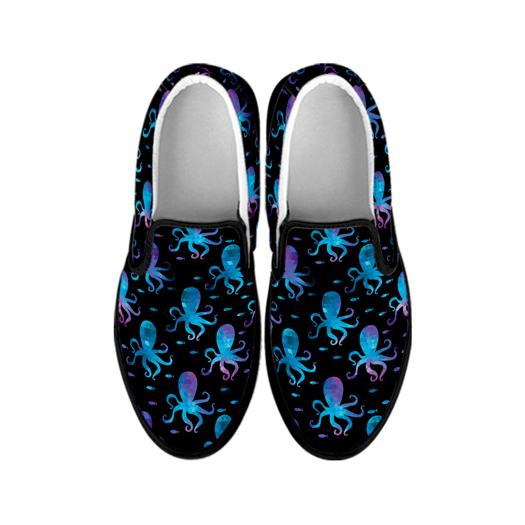 Purple And Teal Octopus Pattern Print Black Slip On Shoes