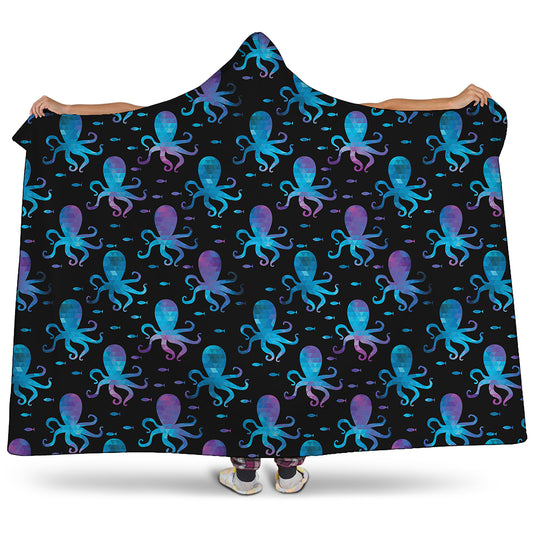 Purple And Teal Octopus Pattern Print Hooded Blanket