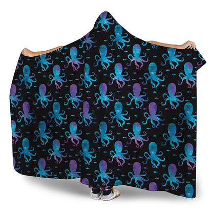 Purple And Teal Octopus Pattern Print Hooded Blanket