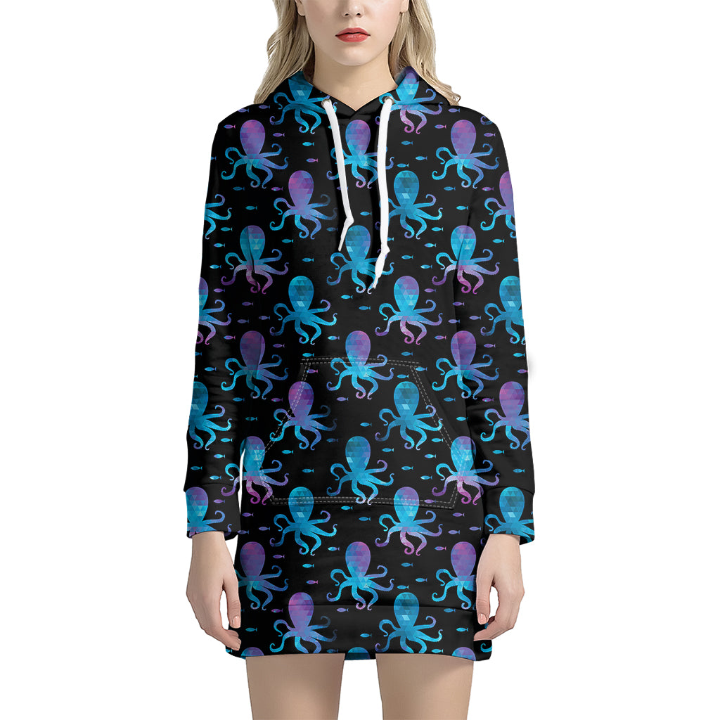 Purple And Teal Octopus Pattern Print Hoodie Dress