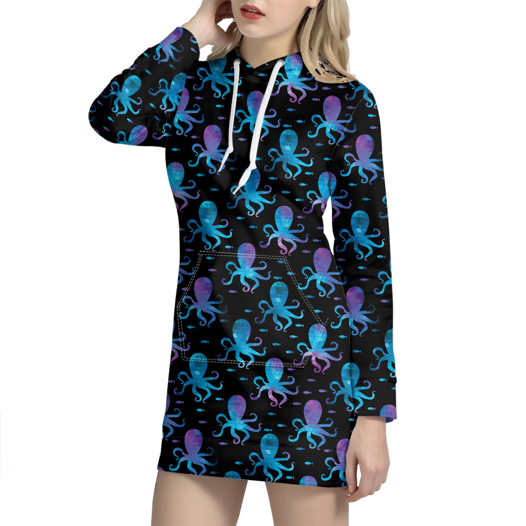 Purple And Teal Octopus Pattern Print Hoodie Dress