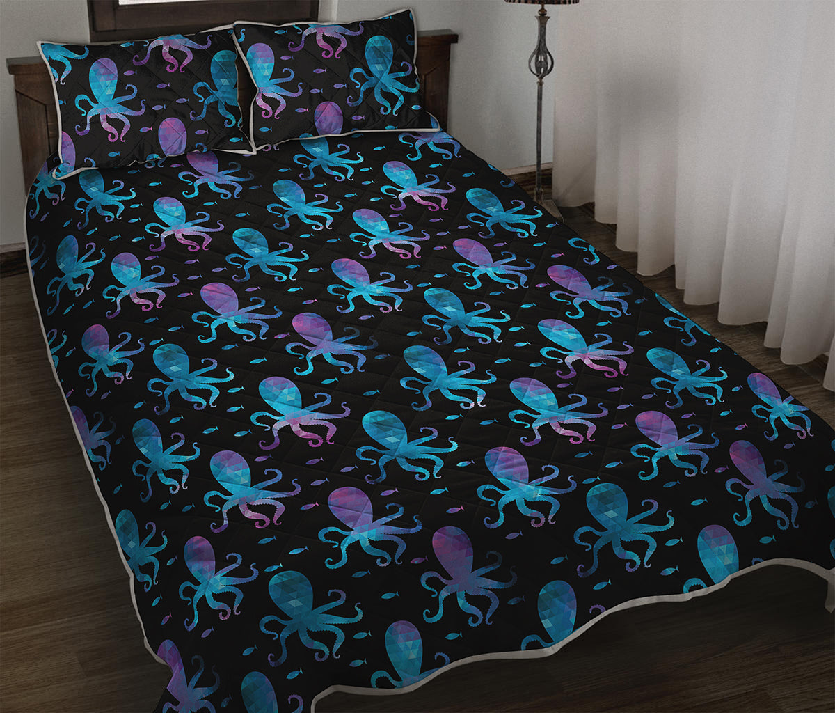 Purple And Teal Octopus Pattern Print Quilt Bed Set
