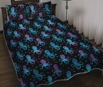 Purple And Teal Octopus Pattern Print Quilt Bed Set