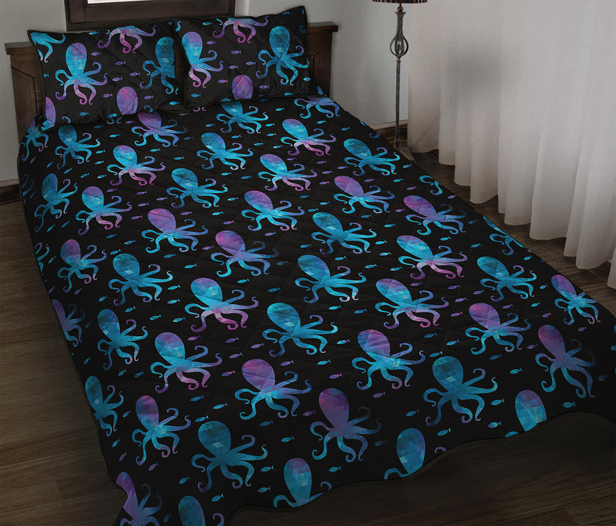 Purple And Teal Octopus Pattern Print Quilt Bed Set