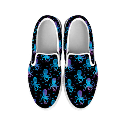 Purple And Teal Octopus Pattern Print White Slip On Shoes