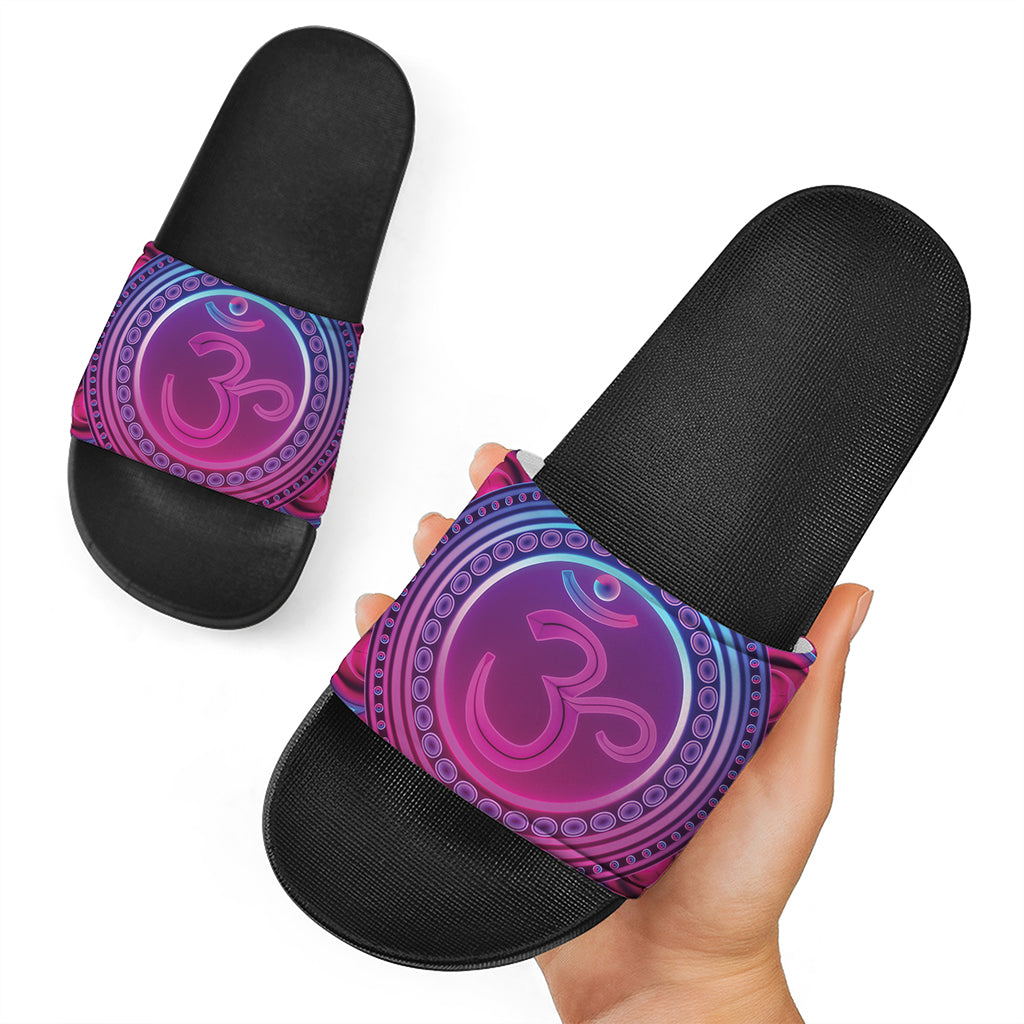Purple And Teal Om Mandala Print Black Slide Sandals