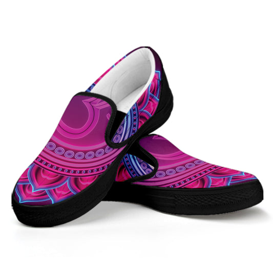 Purple And Teal Om Mandala Print Black Slip On Shoes