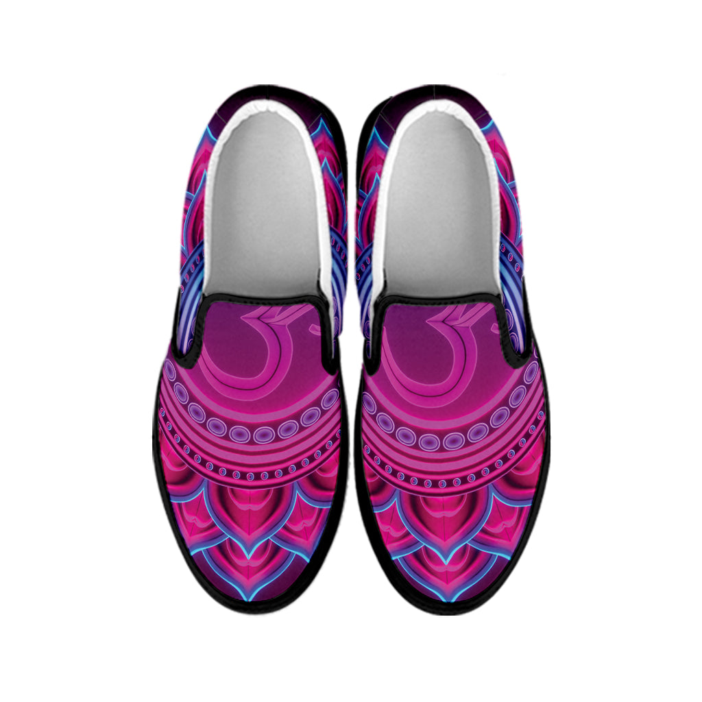 Purple And Teal Om Mandala Print Black Slip On Shoes