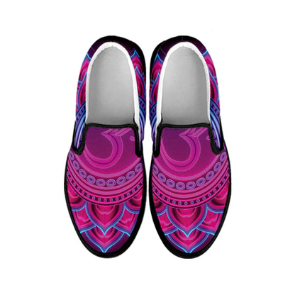 Purple And Teal Om Mandala Print Black Slip On Shoes