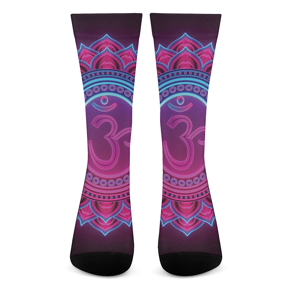 Purple And Teal Om Mandala Print Crew Socks