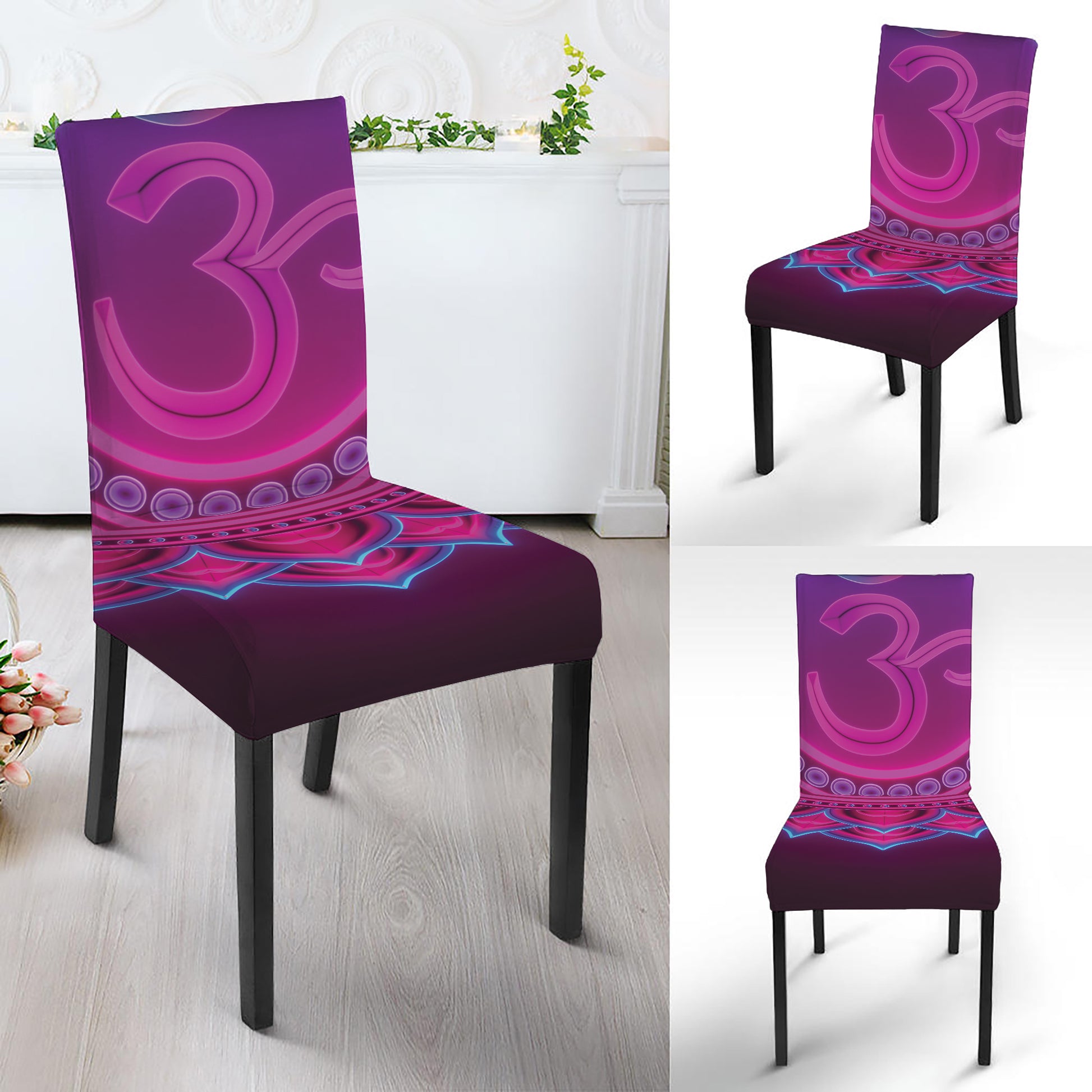 Purple And Teal Om Mandala Print Dining Chair Slipcover