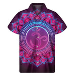 Purple And Teal Om Mandala Print Men's Short Sleeve Shirt