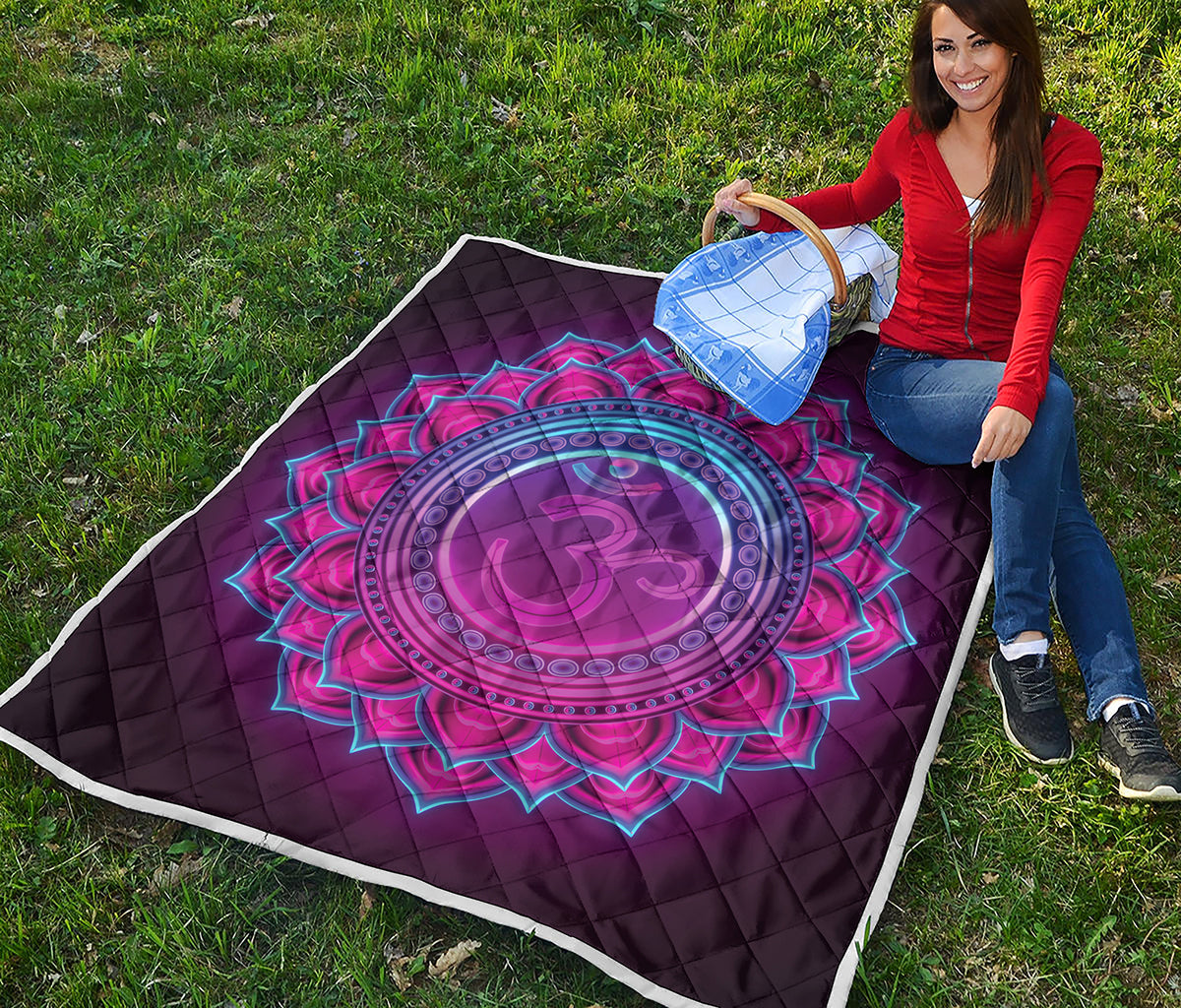 Purple And Teal Om Mandala Print Quilt