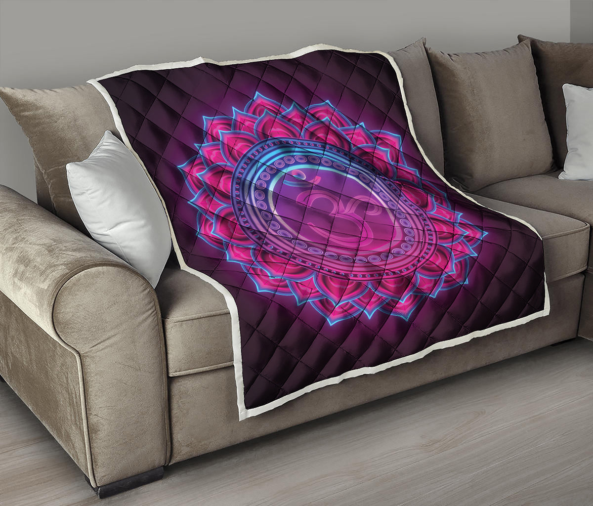 Purple And Teal Om Mandala Print Quilt