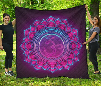 Purple And Teal Om Mandala Print Quilt