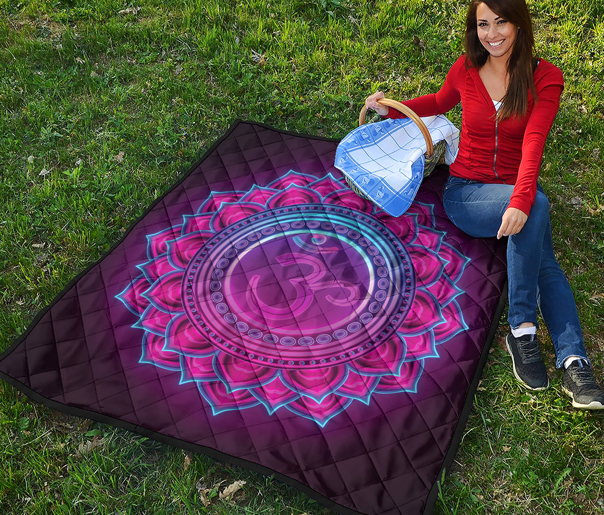 Purple And Teal Om Mandala Print Quilt