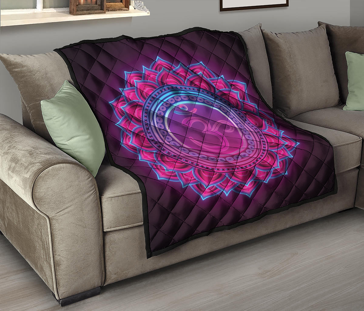 Purple And Teal Om Mandala Print Quilt