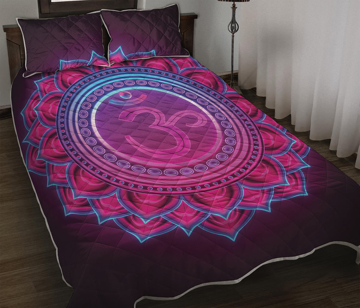 Purple And Teal Om Mandala Print Quilt Bed Set